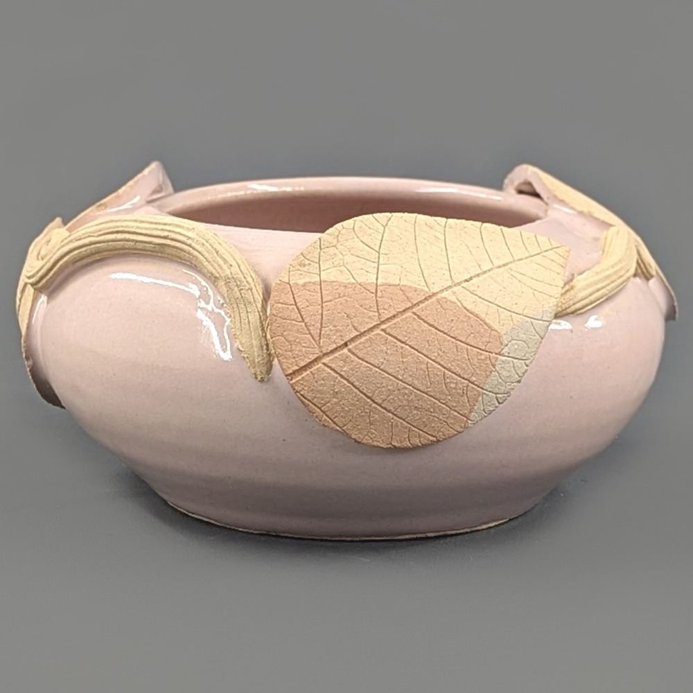 Brigitte Studio Pottery Pink Glazed Leaf Vine Ceramic Bowl Signed Handmade